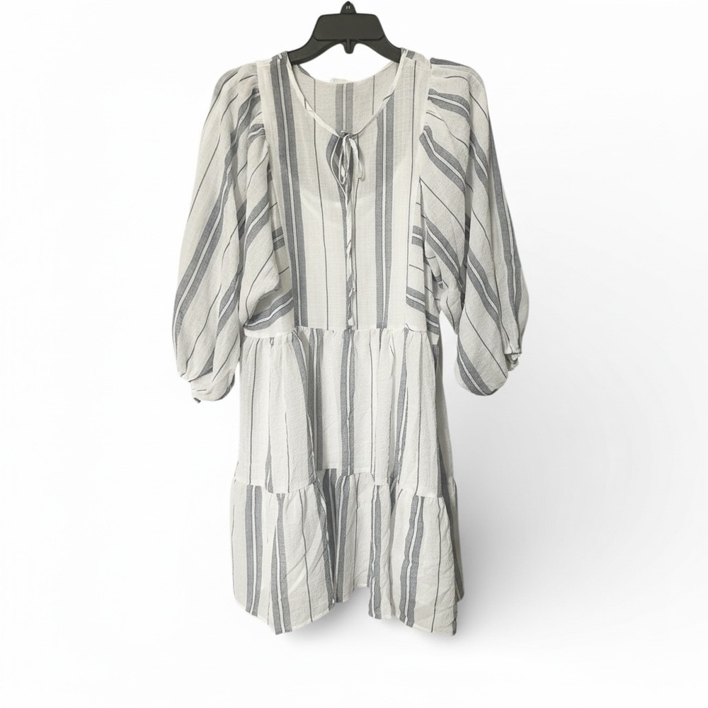 Striped Midi Dress in White and Blue lined (linen look) by Blu Pepper